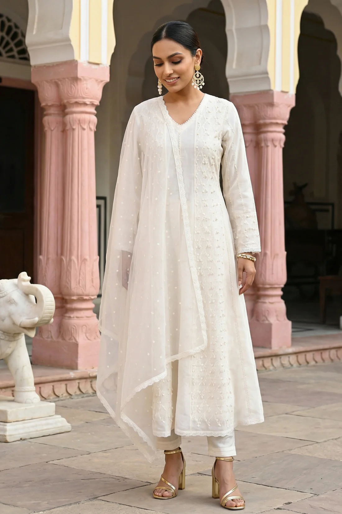 Off White Thread Embroidered Anarkali Kurta